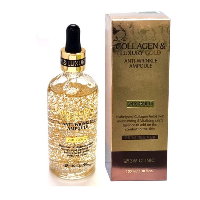 3W Clinic Collagen Luxyry Gold Anti-Wrinkle Ampoule -Paraben Free, Mineral Oil Free-Moisturizing Ampoule -3.38fl.oz.-Hydrolyzed Collagen, Pure Gold 500ppm