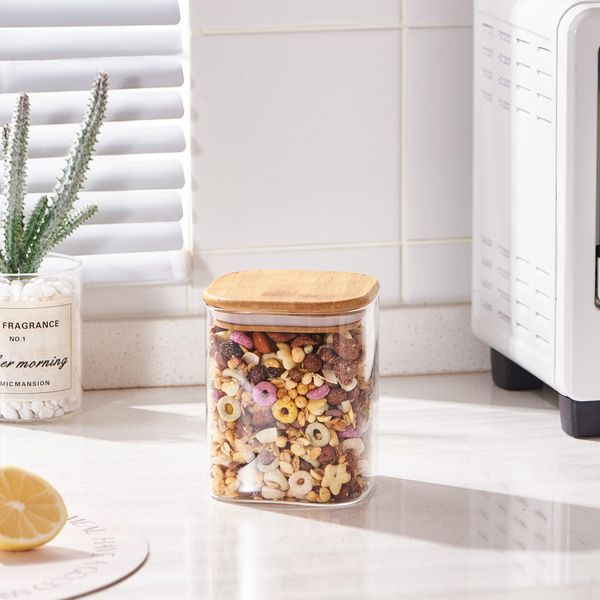 ORNAMI Airtight Glass Pantry Storage Canister with Bamboo Lid | BPA-Free, Clear Kitchen Storage Jar | Square shaped (1, 1L)