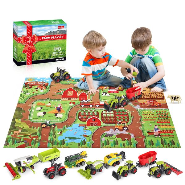 Oriate Farm Tractor Toys Vehicle with Farm Animals & Activity Play Mat, 38Pcs Educational Realistic Kid's DIY Farm Diecast Set, Kids Tractors Trailer Sprayer Cow Animal Toy Birthday Gift