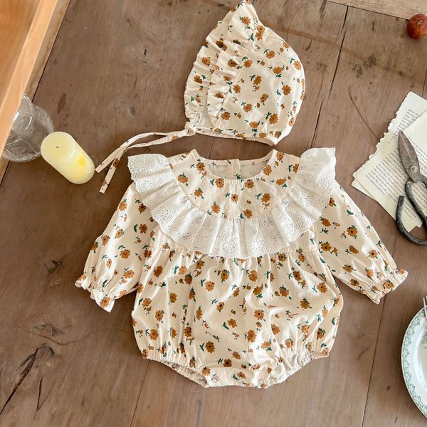 Baby Girl Ditsy Flower Pattern Lace Decoration Long Sleeves Bodysuit - 66 (3-6M) / Apricot