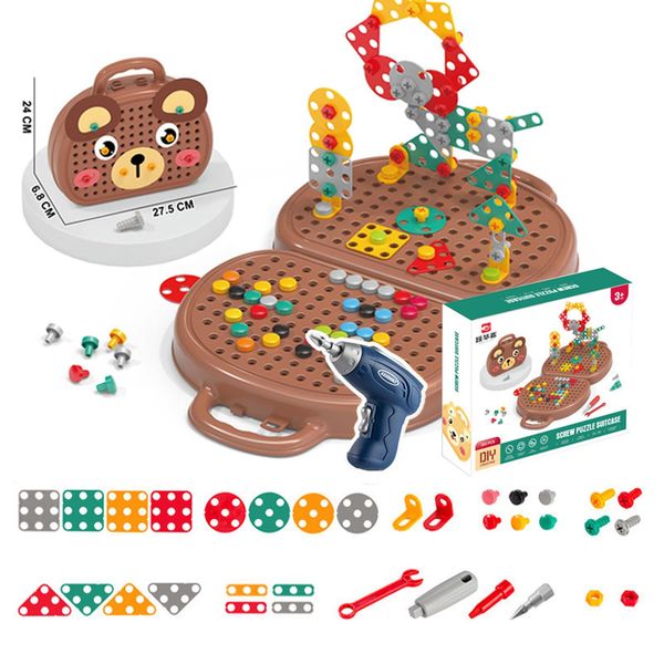 Construction Games with Toy Drill,Magic Montessori Play Toolbox Bear Toys for 3 4 5 6 Year Old,Creative Engineering Building Kits,Kid Tool Set for Toddler Preschool, Educational Toys for Boy and Girl