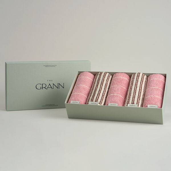 [Exclusive] [Gift Wrapping] Soft Pink Check &amp; Brown Stripe (5P) Gift Set - Gran Signature Face Towel