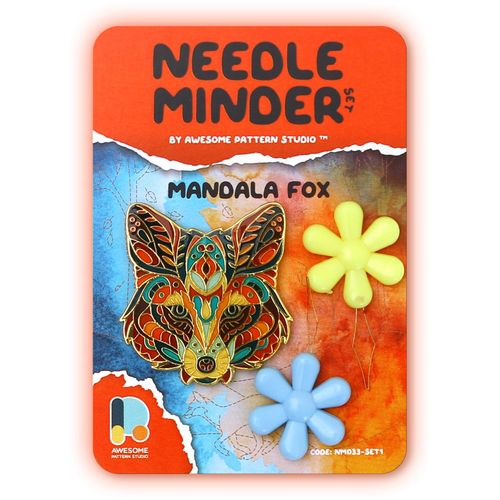Awesome Pattern Studio Needle Minder Set - Mandala Fox Magnetic Needle Minder + 2 Needle Threaders. Enamel Pin for Cross Stitch, Embroidery and Craft