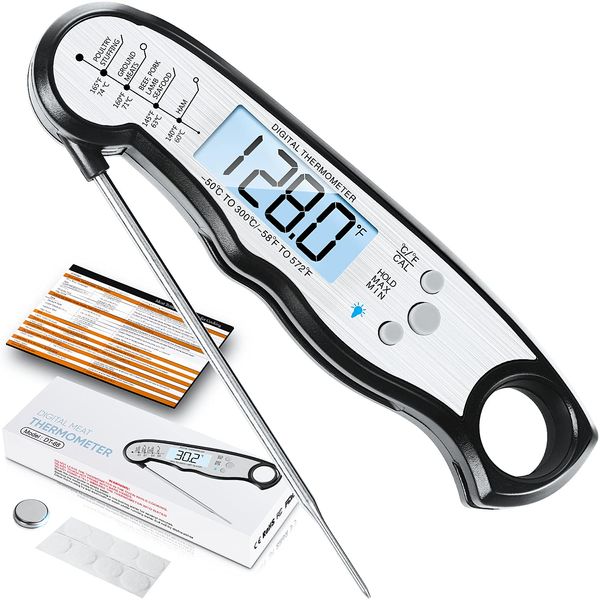 Digital Meat Thermometer, Waterproof Instant Read Food Thermometer for Cooking and Grilling, Kitchen Gadgets, Accessories with Backlight & Calibration for Candy, BBQ Grill, Liquids, Beef, Turkey…