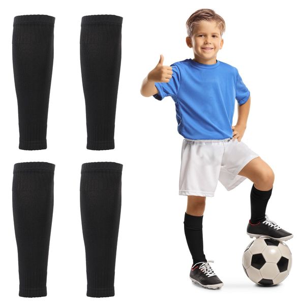 2 Pairs Football Sock Sleeves, Soccer Shin Guards Sleeves Kids Football Leg Sleeves Shin Guards Boys Football Sock for Football Games Beginner(black)