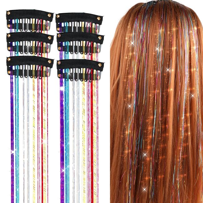 Ouligay 6Pcs Clip in Hair Tinsel Kit Hair Glitter Tinsel Hair Extensions Hair Accessories for Kid Girls Women Party Cosplay