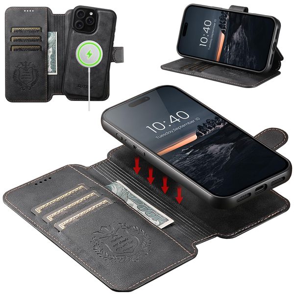 JCGOOD iPhone 15 Pro Max Case Notebook Type Separable 2 in 1 Detachable MagSafe Compatible Phone 15pro Case Notebook Card Storage Mug Safe Wireless Charging Compatible iPhone 15pro Case Stand Function