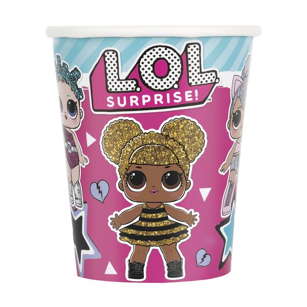 Unique 23796EU Paper Cups-266 ml- LOL Surprise Party-8 Count (Pack of 1), Multicolour