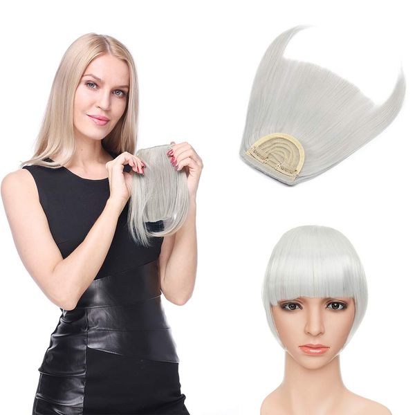 One Piece Bangs Clip in Front Fringe Clip on Hair Bang Extensions Synthetic Hairpieces with Temples #Silver Grey