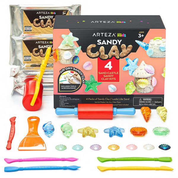 Arteza Kids Air Dry Modeling Clay Kit, 4 x 8-oz Packs Sensory Play Sand, 8 Sandy Clay Tools, 15 Decoration Shells, Art and Craft Supplies for Kids, Sand Castle Building, Birthday Gifts