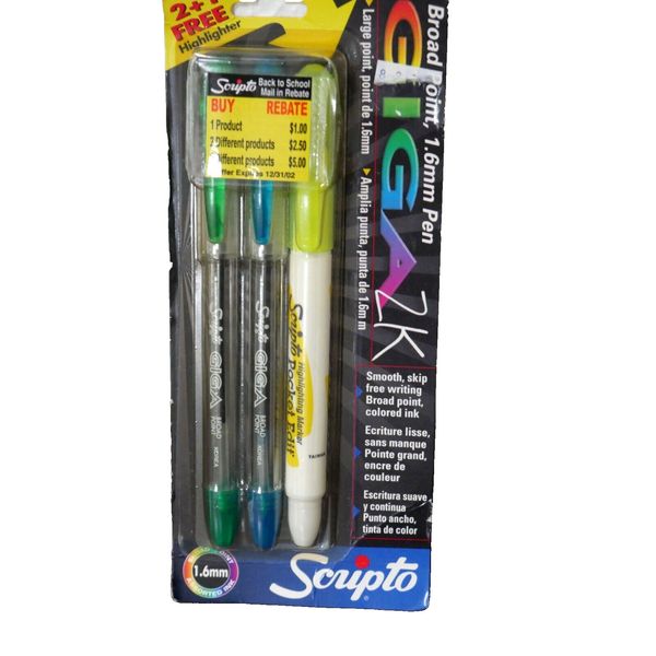 y2k pens Scripto Broad Point GIGA 2k Blue Green Ink  highlighter vintage package
