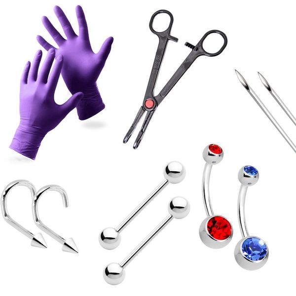 10Pcs Piercing Kit 14G Belly Button Ring Nose Cartilage Helix Lip Rings Tongue Septum Nipple Piercing Jewelry Needles Kit Body Piercing Tool Titanium