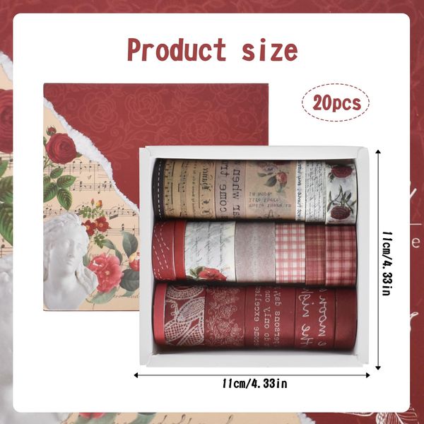 Cleminsta 20 Rollen Retro Washi Tape Set, Vintage Pflanze Blume Scrapbook Zubehör Set, Masking Tape Dekoratives Klebeband für Scrapbooking, Bullet Tagebuch, Geschenkverpackung (altmodisches Rot)