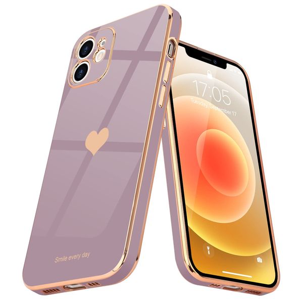 Teageo Kompatibel mit iPhone 12 Hülle, Süße Herzmuster Mädchen Handyhülle Luxuriös Galvanisierte Weich TPU Kameraschutz Kratzfest Stoßfest Schutzhülle Bumper Phone Case für iPhone 12, Sakura Lila