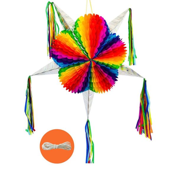 Jumbo Rainbow Mexican Star Piñata with 30 Ft Rope Included, Holds 5 LBS of Pinata Filler, 33" Unfolded, Large Piñatas de Cumpleaños, Pinatas for Cinco de Mayo, Birthday Party Piata