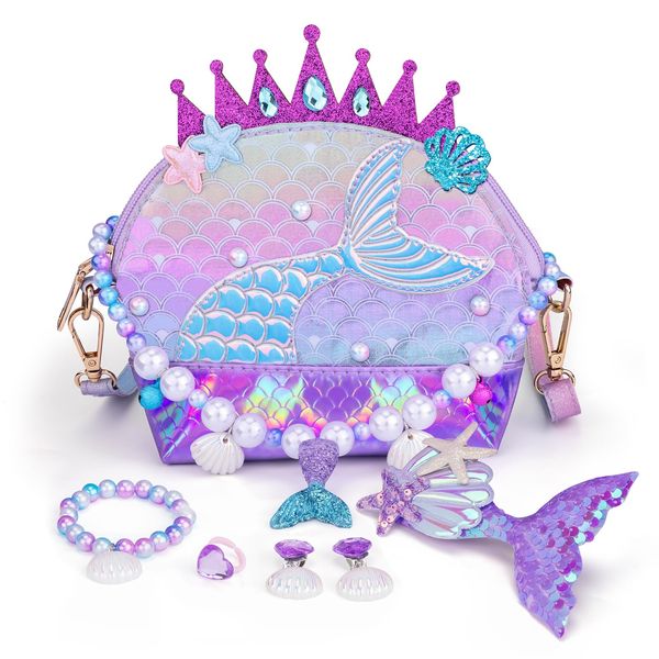 Belle&Birdie Little Girl Purse with Mermaid Toys, Toddler Purse with Pretend Play Toys, 6 Pcs Dress Up Jewelry Accessories for Girls, Kids, Toddler