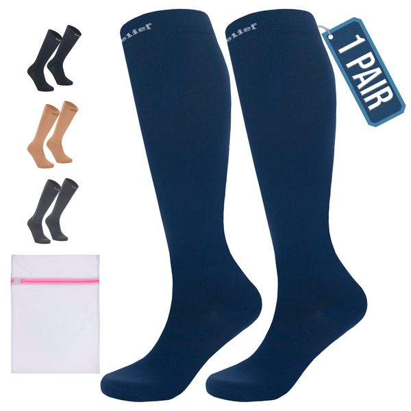 360 RELIEF 1 Pair Flight Compression Socks for Women & Men, Supports Blood Circulation, Travel, Edema, Diabetic, Varicose Veins, Pregnancy, Nurses, XXL, Blue + Laundry Bag