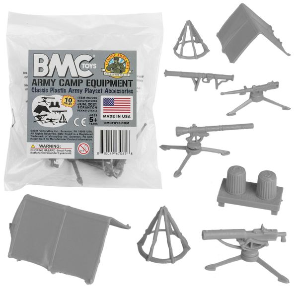 BMC Marx Recast PLASTIC ARMY MEN CAMP EQUIPMENT 10pc Gray Tent Gun Accessories