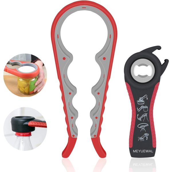 Jar Opener, 5 in 1 Multi Function Can Opener Bottle Opener Kit with Silicone Handle Easy to Use for Children, Elderly and Arthritis Sufferers (Apple Red）