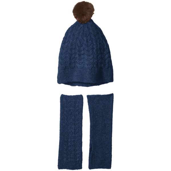 bela.nyc Women's Wool Blend Cable Pom Hat and Armwarmer Gift Set, Dark Denim, One Size