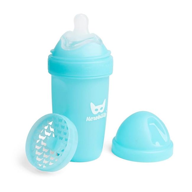 Herobility Double Anti-Colic Baby Bottle | Award-Winning Hero Baby Bottles | Soft Breast- Like Teat, Easy Mixing Lid & Net | Safe & Environment Friendly Materials | 240ml/8.5 fl oz Blue