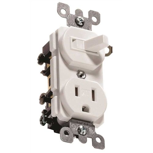 Leviton Combination, 15 Amp, 120 Volt AC Toggle Switch, and 15 Amp, 125 Volt 5-15R Tamper Resistant Receptacle, Grounding, T5225-W, White