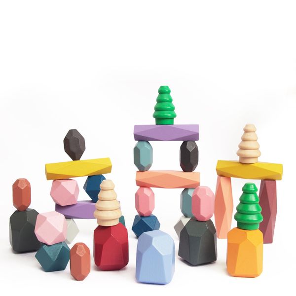 WOODENFUN 18 PCS Wooden Sorting Stacking Rocks Stones,Sensory Toddler Toys Learning Montessori STEM Toys, Building Blocks Game for Kids 3-6 Years Boy and Girl Birthday Gifts for Kids