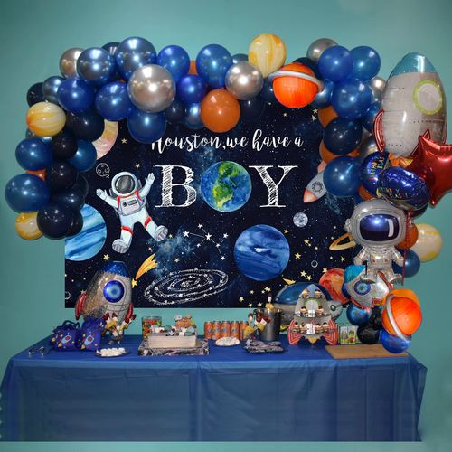 Mocsicka Space Baby Shower Backdrop Outer Space Galaxy Planets Astronaut Baby Shower Background for Photography Houston We Have a Boy Party Cake Table Decoration Banner (7x5ft (82x60 inch))