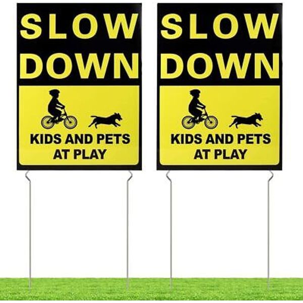 2 Pack Double Sided Slow Down Kids and Pets at Play Yard Signs with Metal Sta...