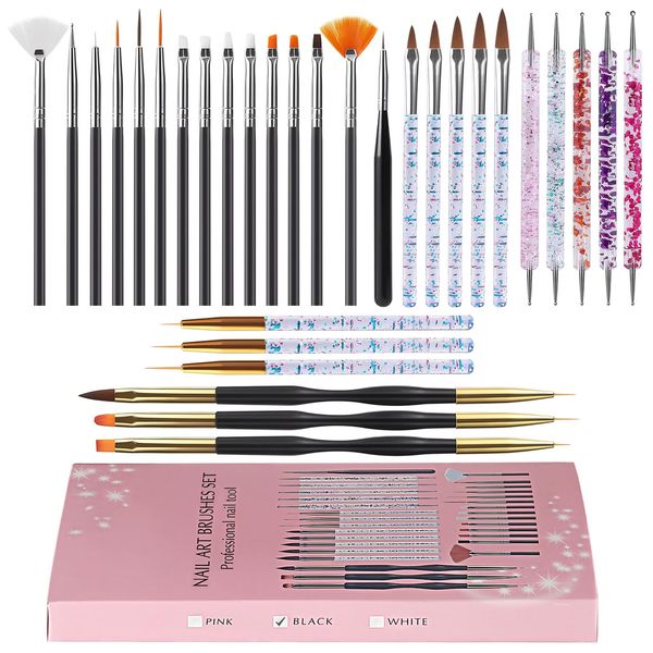 31Pcs Nail Art Brushes Set, Professional Nail Art Brush Tools Kit, Nail Dust Brush Nail Painting Brush Striping Nail Liner Brush Nail Dotting Pen for DIY Nail Art Designs (Black)