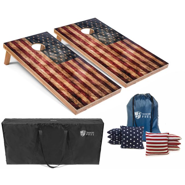 Tailgating Pros Rustic American Flag Cornhole Boards w/Bean Bags - 4'x2' Distressed Flag Cornhole Game w/Carrying Case & Corn Hole Bags