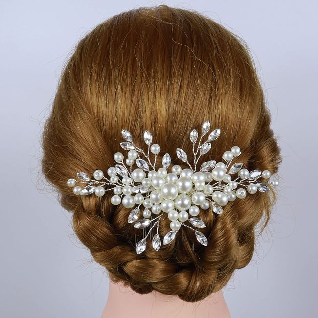 PIESOYRI Hochzeit Haarschmuck, Braut Haar Kamm, Haarschmuck für Brautjungfern, Frauen, Mädchen, Braut Perle Strass Haar Kamm, Hochzeit Haarteil, Silber