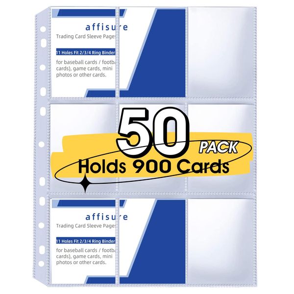 9 Pocket Card Sleeves ，Holds 900 Cards ，Trading Card Binder Sleeves，High Quality Thickened，Card Binder Sleeves, 3 Ring 9 Pocket Pages for Sports Cards, Coupons, Game Cards，50 Pack