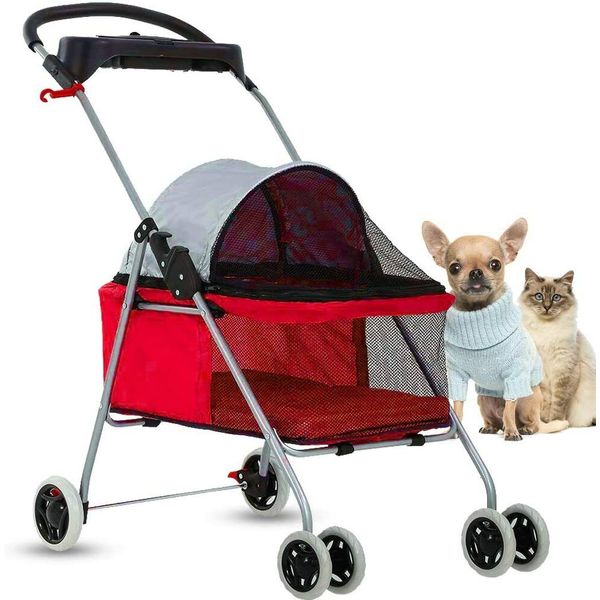 4 Wheels Pet Stroller Folding Dog Jogger Travel Carrier w/Cup Holders Red