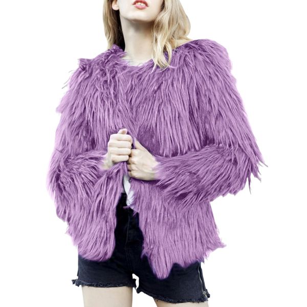 Gihuo Women' s Cropped Faux Fur Jacket Coat Parka Shaggy Furry Coat Long Sleeve 2023 Winter Outerwear Fluffy Jacket(Purple-S)