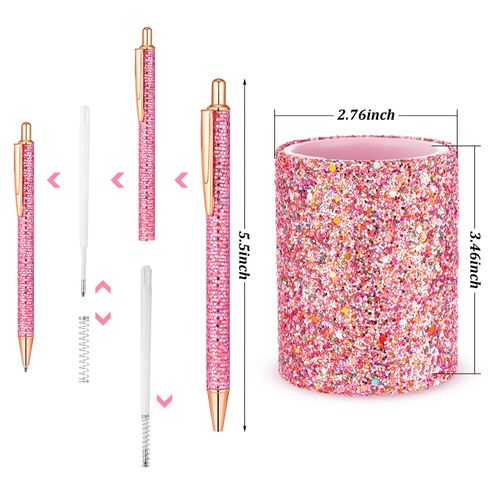 Bling Sequin Pen Holder with 6 Pcs Sequin Click Pens Cute Sequin Glitter Retractable Ballpoint Pens, Pencil Cups for Desk Organizer Makeup Brush Holder for Women Girls Classroom Offices (Pink)