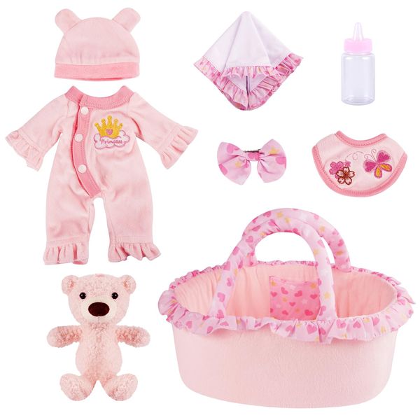 BABESIDE 8 Pcs Reborn Baby Doll Clothes Set for 8-10-12 Inch Dolls, Baby Doll Accessories Set with Baby Doll Bassinet and Bear Toy for Realistic Newborn Baby Dolls Girl, Pink