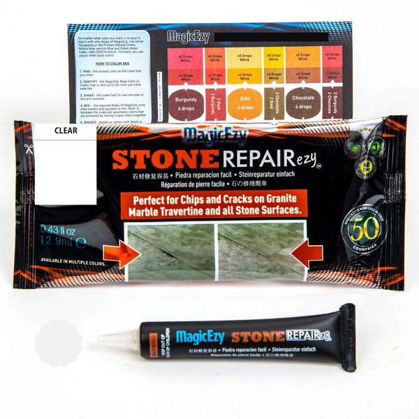 MagicEzy Stone Repairezy - (Clear) - Stone Fix - Adhesive Sealant- Granite, Marble, Travertine - Fix Damage Fast - Tiles and Countertops