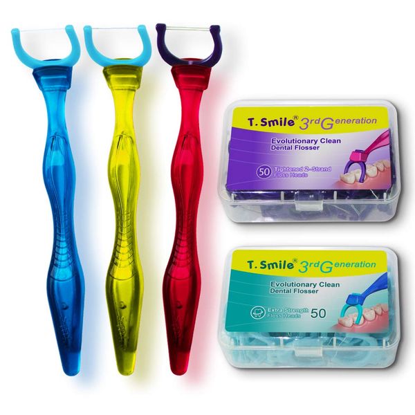 T.Smile Evolutionary Clean Dental Flossers, Kit of Refills Plus Mid-Length Handle (3 Handles + 100 Refills)