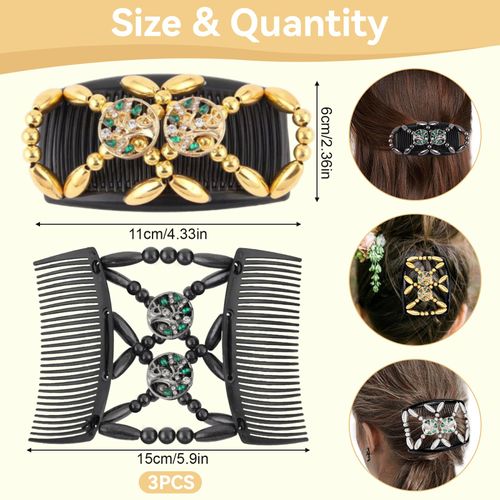 TPTGIAR 3 PCS Beaded Hair Clips, Elastic Hair Combs Slides for Women, Fashion Hair Accessories for Women, Magic Double Sided Hair Slides for Women For Daily Hair Dressing and Styling