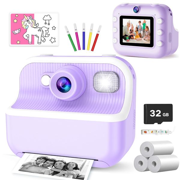 Kids Camera Instant Print Toys for Girls Age 5-12, 1080P Instant Camera for Kids with Dual Camera Print Selfie Photos, Christmas Birthday Gifts for Girls Age 4 5 6 7 8 9 10 Year Old-32GB Purple