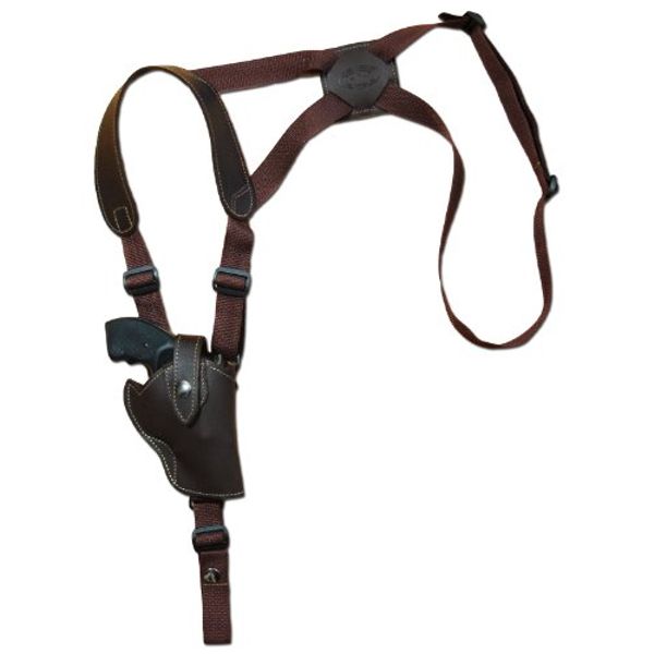 Barsony Brown Leather Vertical Cross Harness Shoulder Holster for Ruger LCR 38, 357 Left