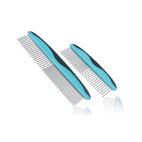 Pets First 2 Pack Dog Comb Small & Large PET Comb for Small & Large Breeds & Areas. Premium Anti-Slip Comfort Grip Ergonomic Handle for Your Dog & Cat with Durable Stainless-Steel