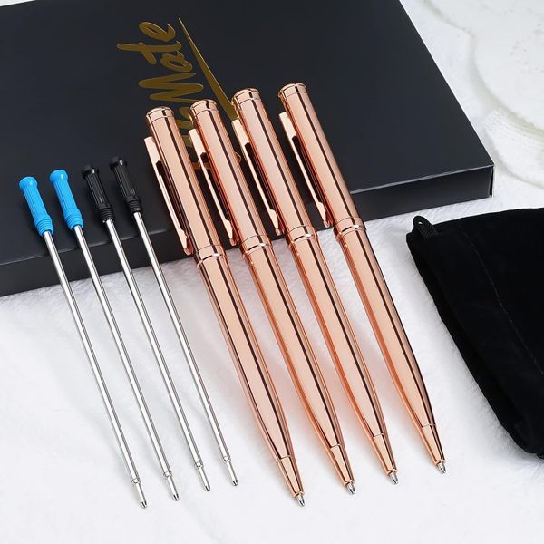 WEMATE Slim Retractable Ballpoint Pens, 4 Extra Ink Refills (Black & Blue), Metal Pen 1.0mm Medium Point, Writing Pen with Gift Box for Office, Teachers, Wedding Lovely Rose Gold Pen