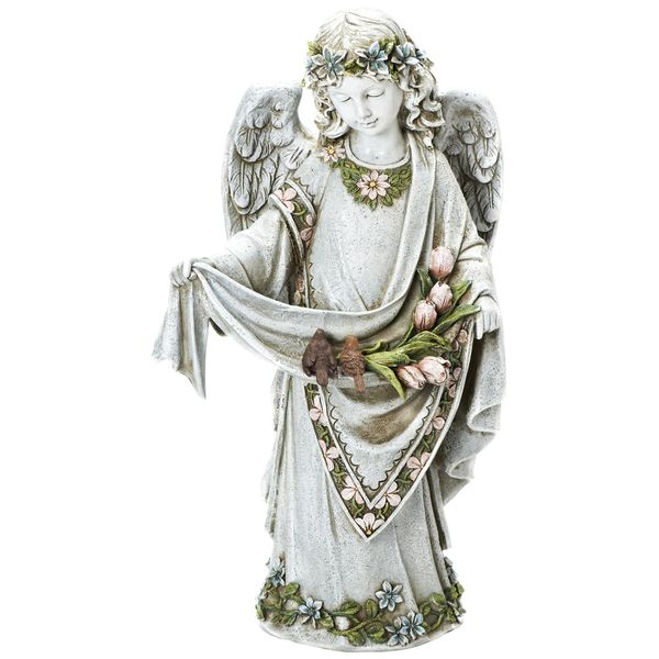 Roman Josephs Studio Inspirational Girl Angel Wearing Floral Trimmed Gown with Birds Garden Statue, 16.5-Inch