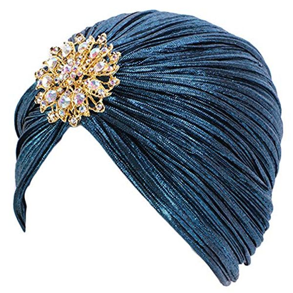 EORUBE Vintage Turban Hat with Crystal Brooch Feather Turban Headwraps for 1920s Gatsby Costume Cocktail Party (Brooch Style 1 - Peacock Blue)