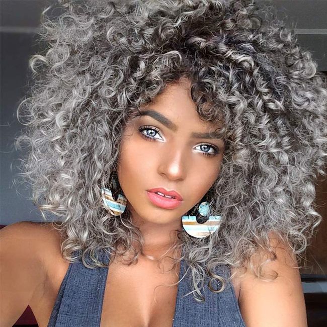 AISI QUEENS Afro Short Curly Gray Wigs for Black Women Kinky Ombre Grey Wig With Bangs Heat Resistant Synthetic Hair for Daily Use (Ombre Grey)