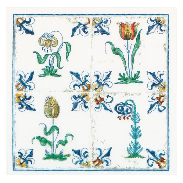 Thea Gouverneur - Counted Cross Stitch Kit - Antique Tiles Flowers - Linen - 36 Count - Embroidery Kit for Adults - DMC Embroidery Threads and Other Cross Stitch Supplies Included - 485