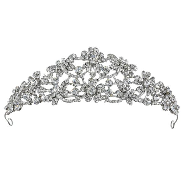 SAMKY Bride's Silver Tiara Crown Bridal Rhinestone Flower Wedding Headpiece Crystal Hair Accessories for Woman