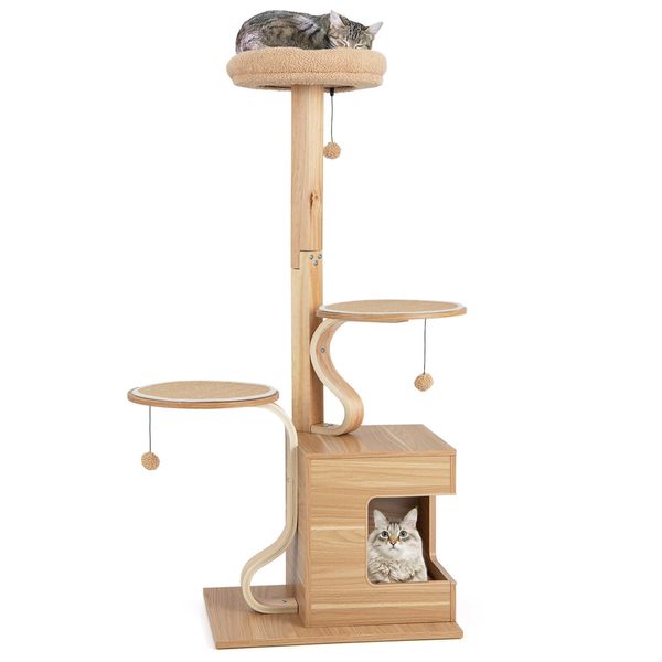 Wooden Cat Tree 51" Tall Cat Tower w/Cat Condo Plush Top Perch Jumping Platforms